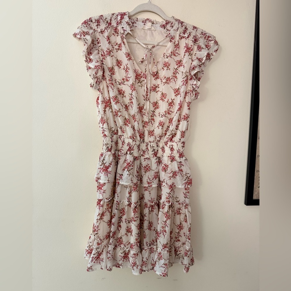 Entro Red and White Floral Mini Dress, size S, Elastic Waist Ruffle Sleeves